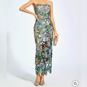 Strapless Applique/Sequin Floral Lace Maxi Dress